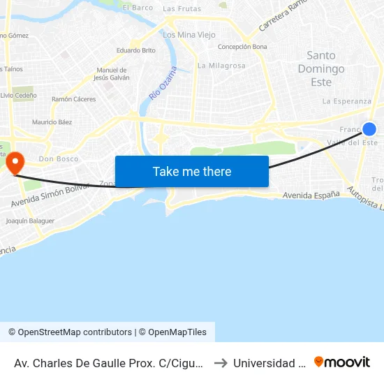 Av. Charles De Gaulle Prox. C/Cigua Calandra to Universidad Apec map
