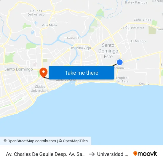 Av. Charles De Gaulle Desp. Av. San Isidro to Universidad Apec map