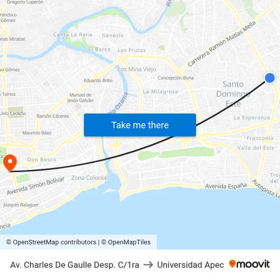 Av. Charles De Gaulle Desp. C/1ra to Universidad Apec map