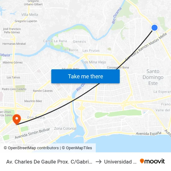 Av. Charles De Gaulle Prox. C/Gabriela Mistral to Universidad Apec map