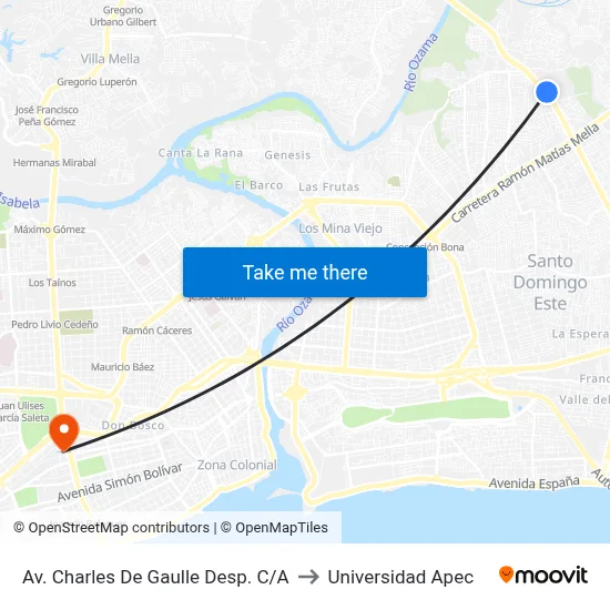 Av. Charles De Gaulle Desp. C/A to Universidad Apec map