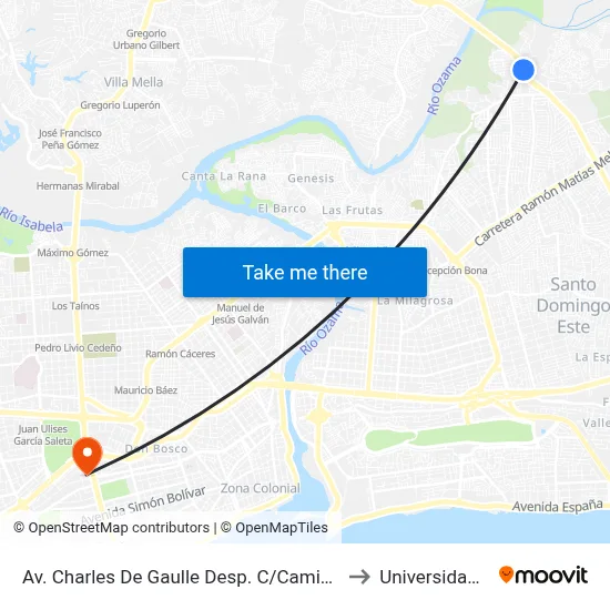 Av. Charles De Gaulle Desp. C/Camino De Cancino to Universidad Apec map