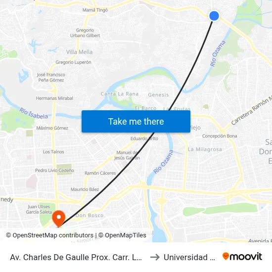 Av. Charles De Gaulle Prox. Carr. La Victoria to Universidad Apec map