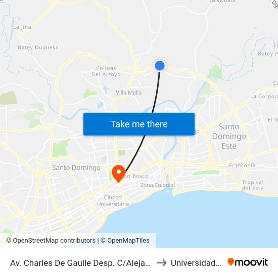 Av. Charles De Gaulle Desp. C/Alejandro Guillen to Universidad Apec map