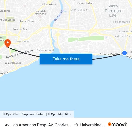 Av. Las Americas Desp. Av. Charles De Gaulle to Universidad Apec map