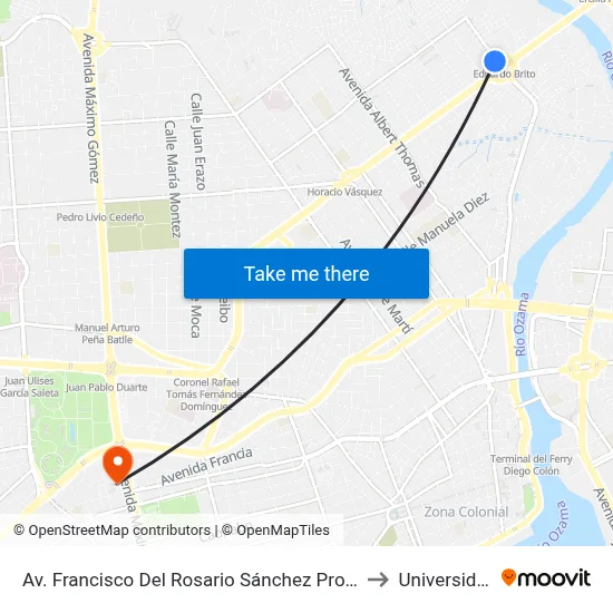 Av. Francisco Del Rosario Sánchez Prox. Av. Padre Castellanos to Universidad Apec map