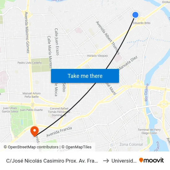 C/José Nicolás Casimiro Prox. Av. Francisco Del Rosario Sanchez to Universidad Apec map
