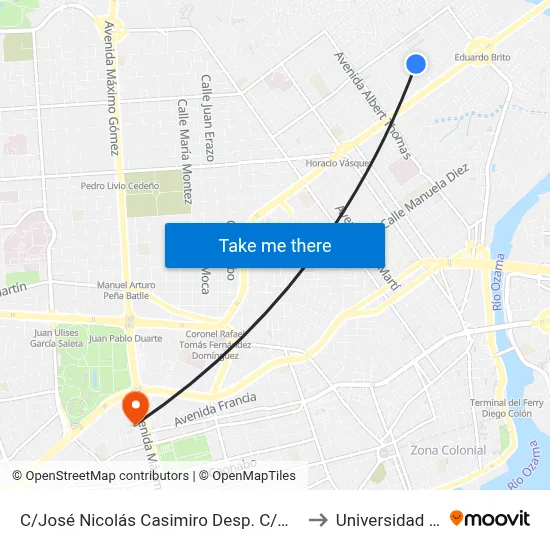 C/José Nicolás Casimiro Desp. C/Mutualismo to Universidad Apec map