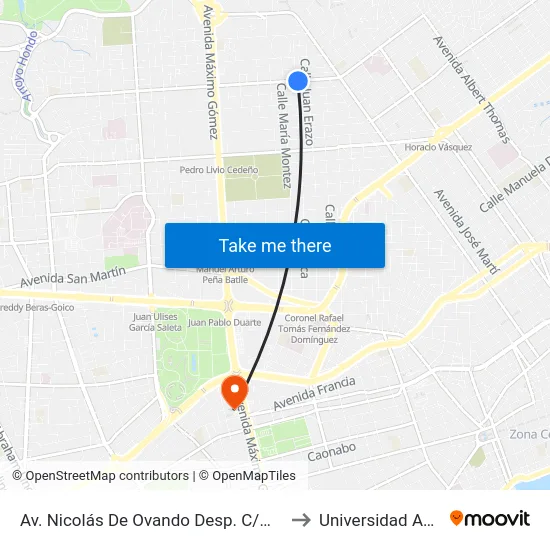 Av. Nicolás De Ovando Desp. C/Moca to Universidad Apec map