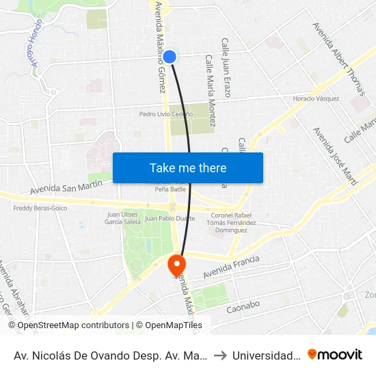 Av. Nicolás De Ovando Desp. Av. Maximo Gomez to Universidad Apec map