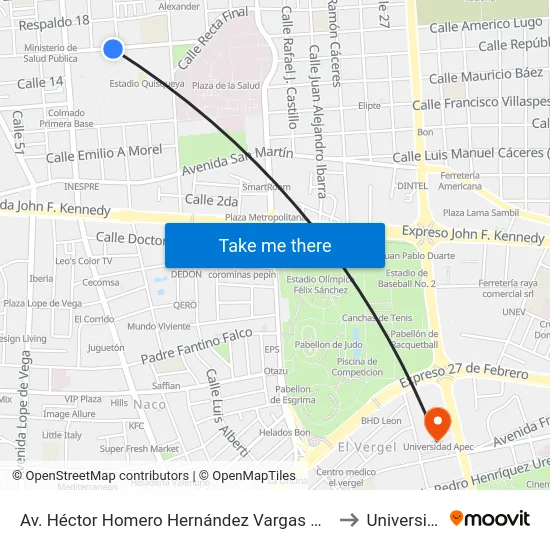 Av. Héctor Homero Hernández Vargas Prox. C/Horacio Blanco Fombona to Universidad Apec map