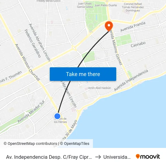 Av. Independencia Desp. C/Fray Cipriano De Utrera to Universidad Apec map