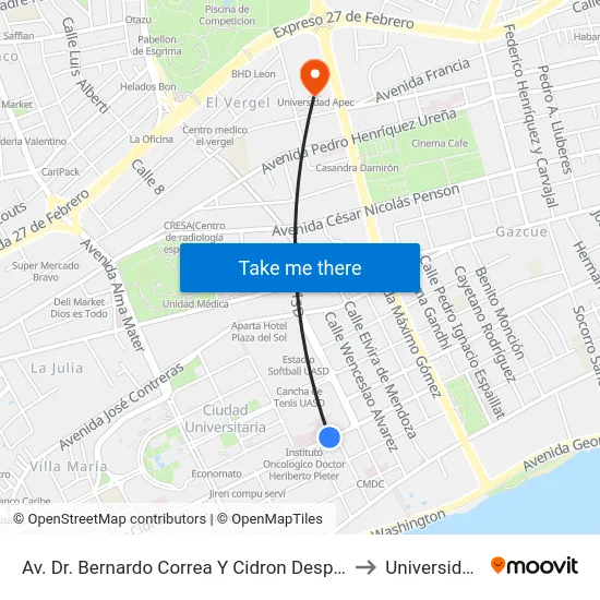 Av. Dr. Bernardo Correa Y Cidron Desp. C/Julio Ortega Frier to Universidad Apec map
