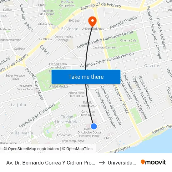 Av. Dr. Bernardo Correa Y Cidron Prox. C/Padre Pina to Universidad Apec map