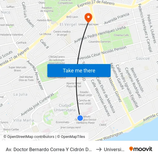 Av. Doctor Bernardo Correa Y Cidrón Desp. C/Cristobal De Llerenas to Universidad Apec map