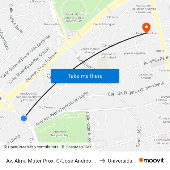 Av. Alma Mater Prox. C/José Andrés Aybar Castellanos to Universidad Apec map