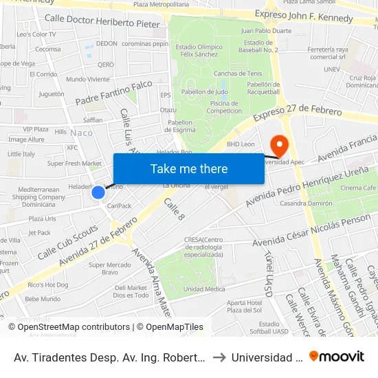 Av. Tiradentes Desp. Av. Ing. Roberto Pastoriza to Universidad Apec map