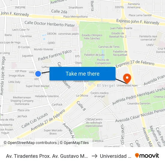 Av. Tiradentes Prox. Av. Gustavo Mejia Ricart to Universidad Apec map