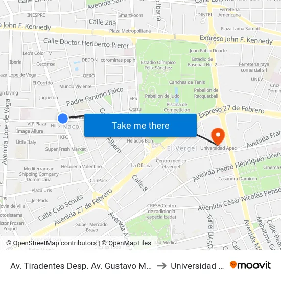 Av. Tiradentes Desp. Av. Gustavo Mejia Ricart to Universidad Apec map