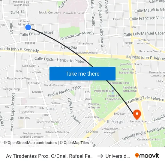 Av.Tiradentes Prox. C/Cnel. Rafael Fernandez Dominguez to Universidad Apec map