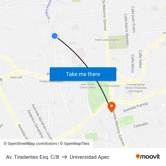 Av. Tiradentes Esq. C/B to Universidad Apec map