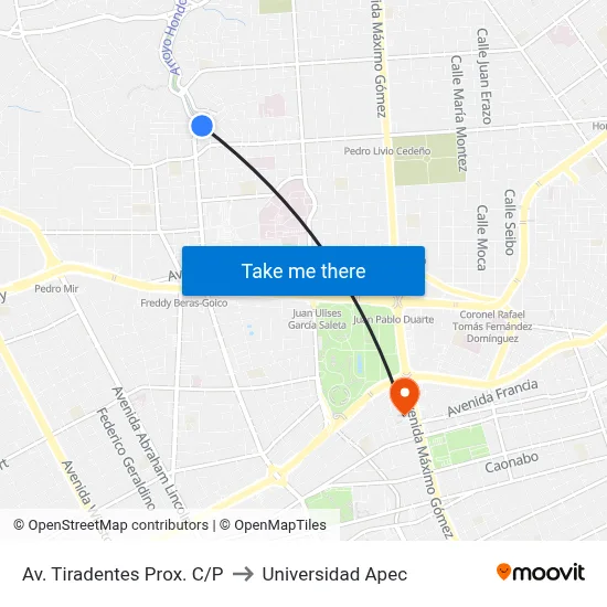 Av. Tiradentes Prox. C/P to Universidad Apec map