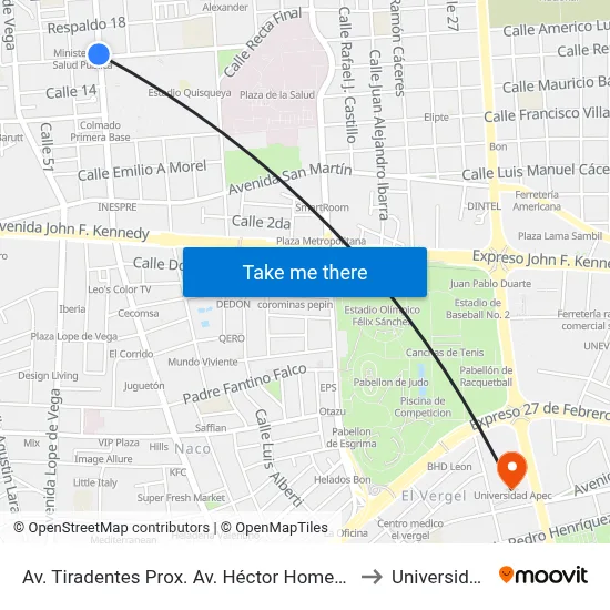 Av. Tiradentes Prox. Av. Héctor Homero Hernández Vargas to Universidad Apec map
