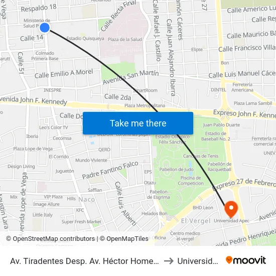 Av. Tiradentes Desp. Av. Héctor Homero Hernández Vargas to Universidad Apec map