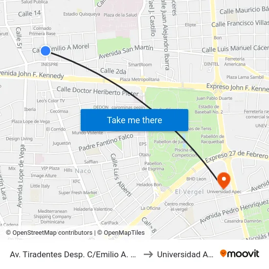 Av. Tiradentes Desp. C/Emilio A. Morel to Universidad Apec map