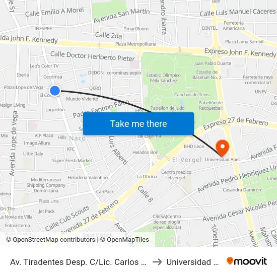 Av. Tiradentes Desp. C/Lic. Carlos Sanchez to Universidad Apec map