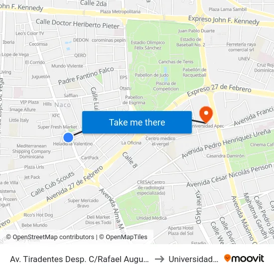 Av. Tiradentes Desp. C/Rafael Augusto Sanchez to Universidad Apec map