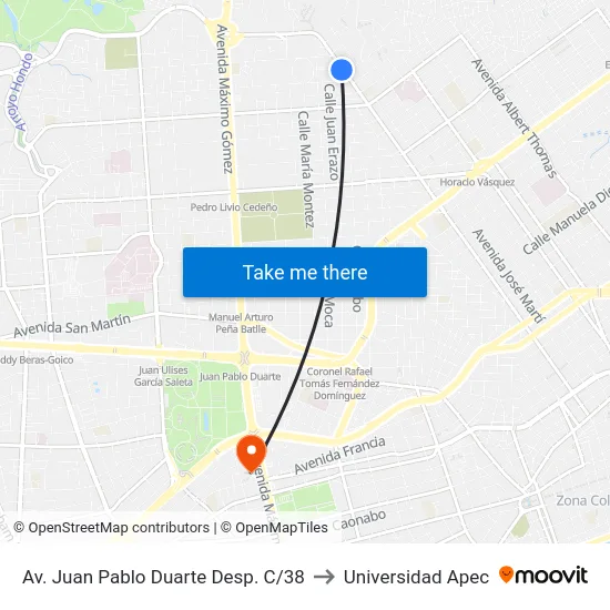 Av. Juan Pablo Duarte Desp. C/38 to Universidad Apec map