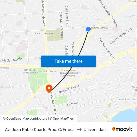 Av. Juan Pablo Duarte Prox. C/Ernesto Gomez to Universidad Apec map