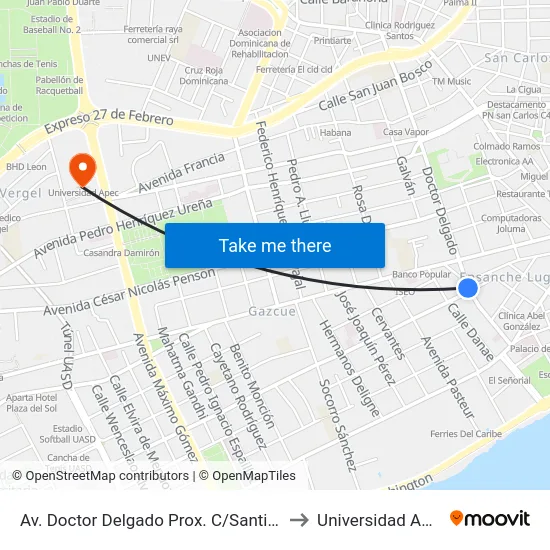 Av. Doctor Delgado Prox. C/Santiago to Universidad Apec map