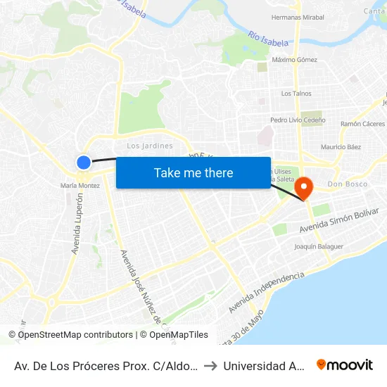 Av. De Los Próceres Prox. C/Aldonza to Universidad Apec map
