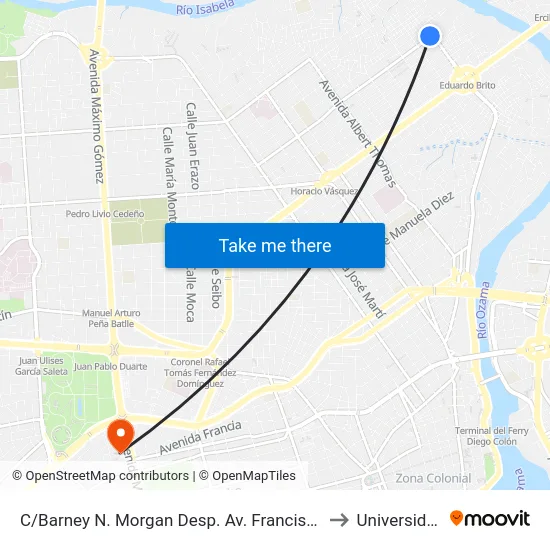 C/Barney N. Morgan Desp. Av. Francisco Del Rosario Sánchez to Universidad Apec map