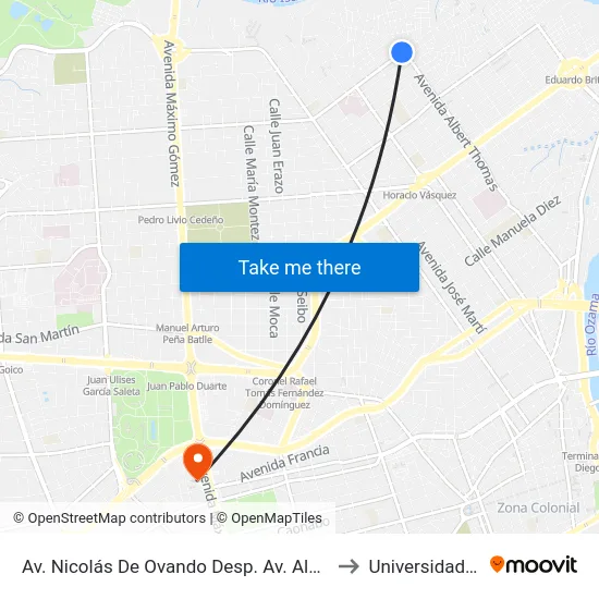 Av. Nicolás De Ovando Desp. Av. Albert Thomas to Universidad Apec map