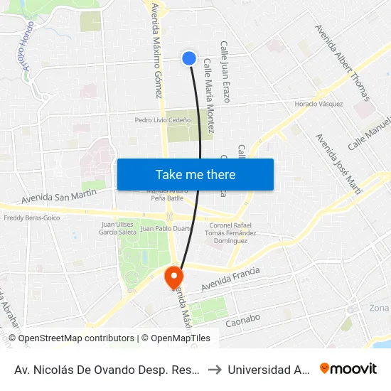 Av. Nicolás De Ovando Desp. Resp. 21 to Universidad Apec map