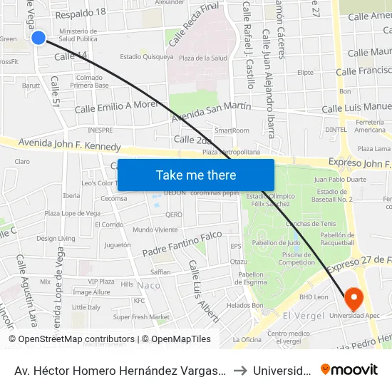 Av. Héctor Homero Hernández Vargas Prox. C/Lope De Vega to Universidad Apec map