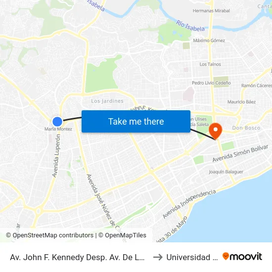 Av. John F. Kennedy Desp. Av. De Los Próceres to Universidad Apec map