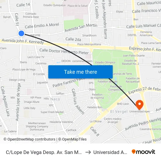 C/Lope De Vega Desp. Av. San Martin to Universidad Apec map