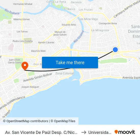 Av. San Vicente De Paúl Desp. C/Nicolas Silfa Canario to Universidad Apec map