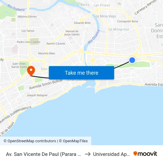 Av. San Vicente De Paul (Parara 55) to Universidad Apec map