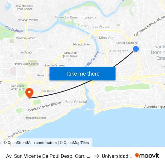 Av. San Vicente De Paúl Desp. Carr. De Mendoza to Universidad Apec map