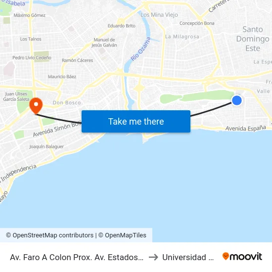 Av. Faro A Colon Prox. Av. Estados Unidos to Universidad Apec map
