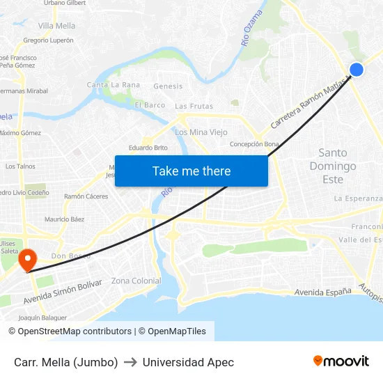 Carr. Mella (Jumbo) to Universidad Apec map