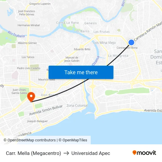 Carr. Mella (Megacentro) to Universidad Apec map