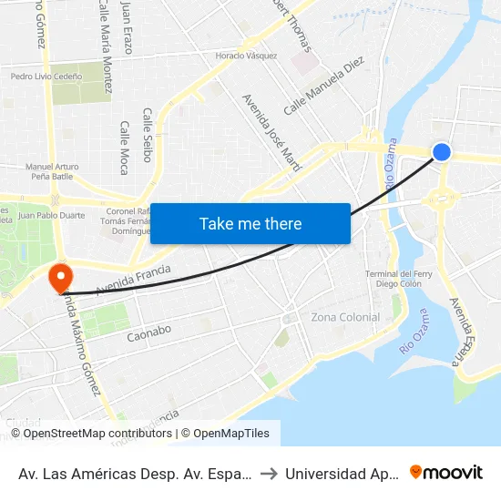 Av. Las Américas Desp. Av. España to Universidad Apec map