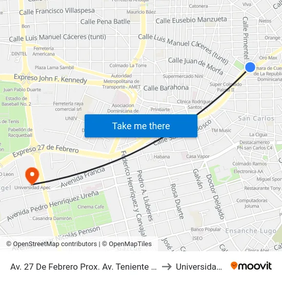 Av. 27 De Febrero Prox. Av. Teniente Amado Garcia to Universidad Apec map