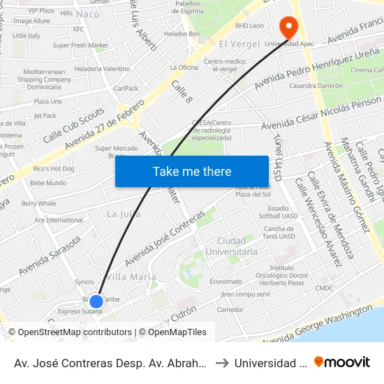 Av. José Contreras Desp. Av. Abraham Lincoln to Universidad Apec map
